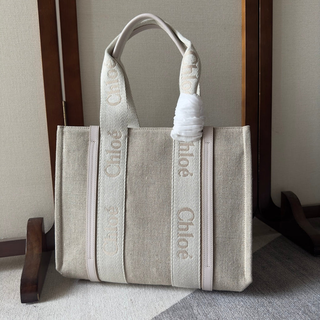 CHLOE MEDIUM WOODY TOTE BAG 37 IN BEIGE LINEN CANVAS WEBBING LOGO EMBROIDER COTTON WHITE CALFSKIN