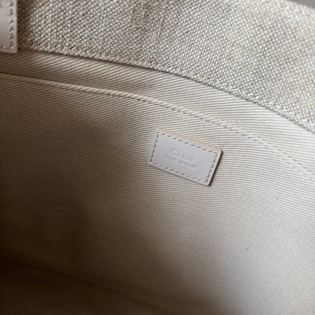 CHLOE MEDIUM WOODY TOTE BAG 37 IN BEIGE LINEN CANVAS WEBBING LOGO EMBROIDER COTTON WHITE CALFSKIN