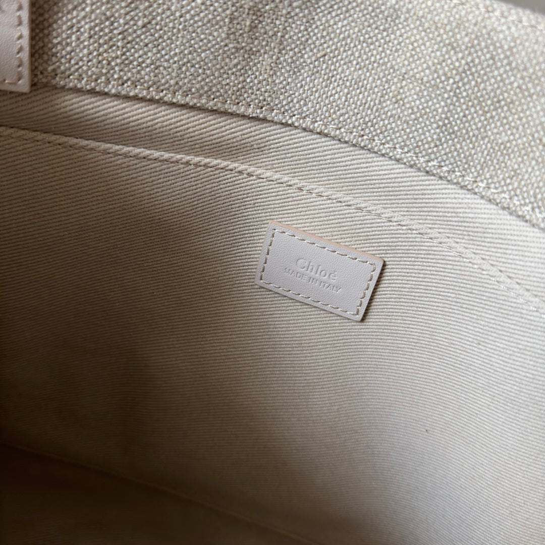 CHLOE MEDIUM WOODY TOTE BAG 37 IN BEIGE LINEN CANVAS WEBBING LOGO EMBROIDER COTTON WHITE CALFSKIN