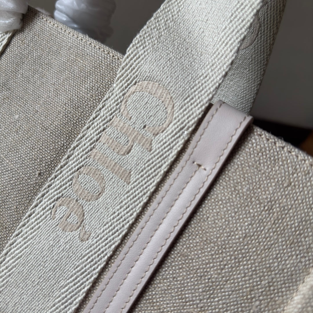 CHLOE MEDIUM WOODY TOTE BAG 37 IN BEIGE LINEN CANVAS WEBBING LOGO EMBROIDER COTTON WHITE CALFSKIN