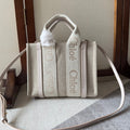 CHLOE SMALL WOODY TOTE BAG 26.5 IN BEIGE LINEN CANVAS WEBBING LOGO EMBROIDER COTTON WHITE CALFSKIN