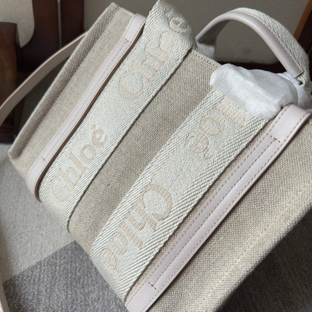 CHLOE SMALL WOODY TOTE BAG 26.5 IN BEIGE LINEN CANVAS WEBBING LOGO EMBROIDER COTTON WHITE CALFSKIN