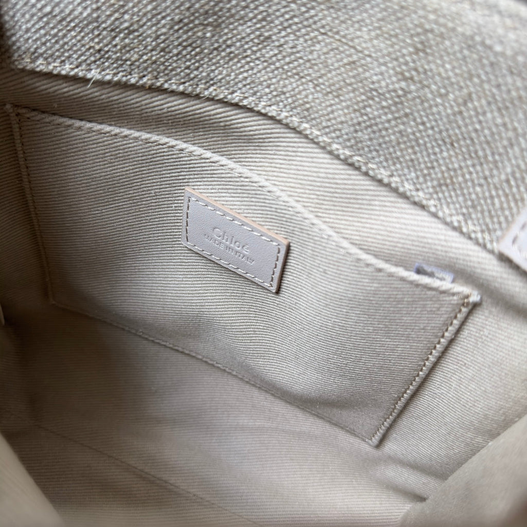 CHLOE SMALL WOODY TOTE BAG 26.5 IN BEIGE LINEN CANVAS WEBBING LOGO EMBROIDER COTTON WHITE CALFSKIN