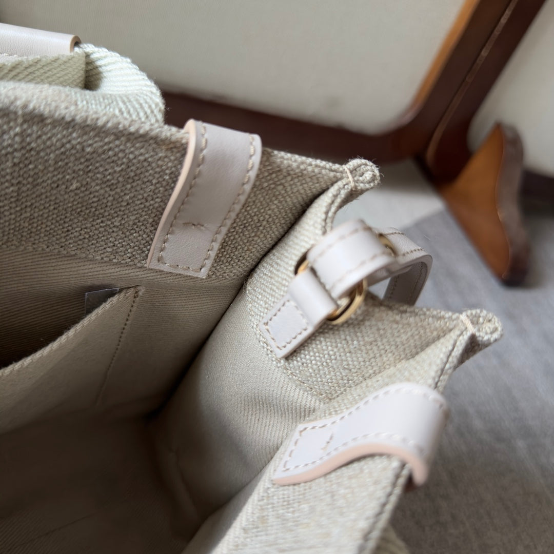 CHLOE SMALL WOODY TOTE BAG 26.5 IN BEIGE LINEN CANVAS WEBBING LOGO EMBROIDER COTTON WHITE CALFSKIN