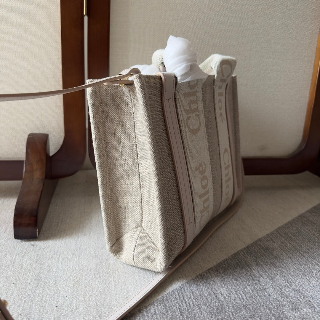 CHLOE SMALL WOODY TOTE BAG 26.5 IN BEIGE LINEN CANVAS WEBBING LOGO EMBROIDER COTTON WHITE CALFSKIN