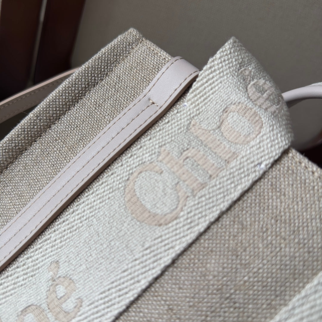 CHLOE SMALL WOODY TOTE BAG 26.5 IN BEIGE LINEN CANVAS WEBBING LOGO EMBROIDER COTTON WHITE CALFSKIN