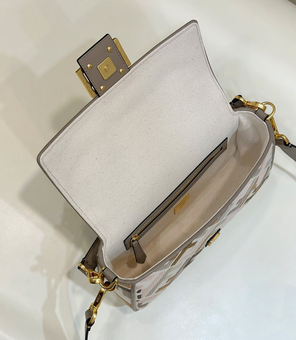 FENDI BAGUETTE CANVAS 27 BAG GREY STRAP WITH MULTICOLOUR EMBROIDERY GOLD HARDWARE