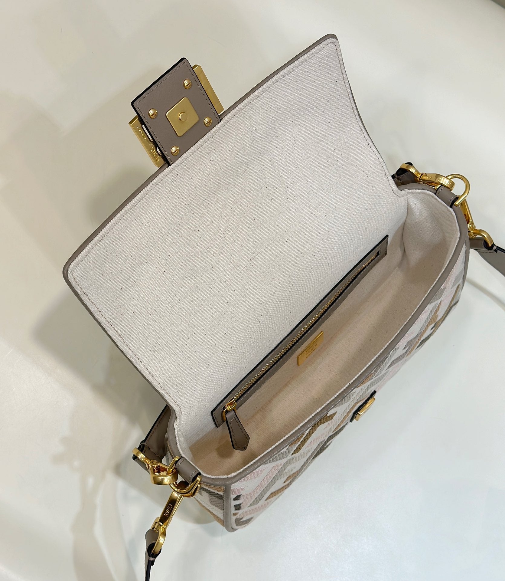 FENDI BAGUETTE CANVAS 27 BAG GREY STRAP WITH MULTICOLOUR EMBROIDERY GOLD HARDWARE