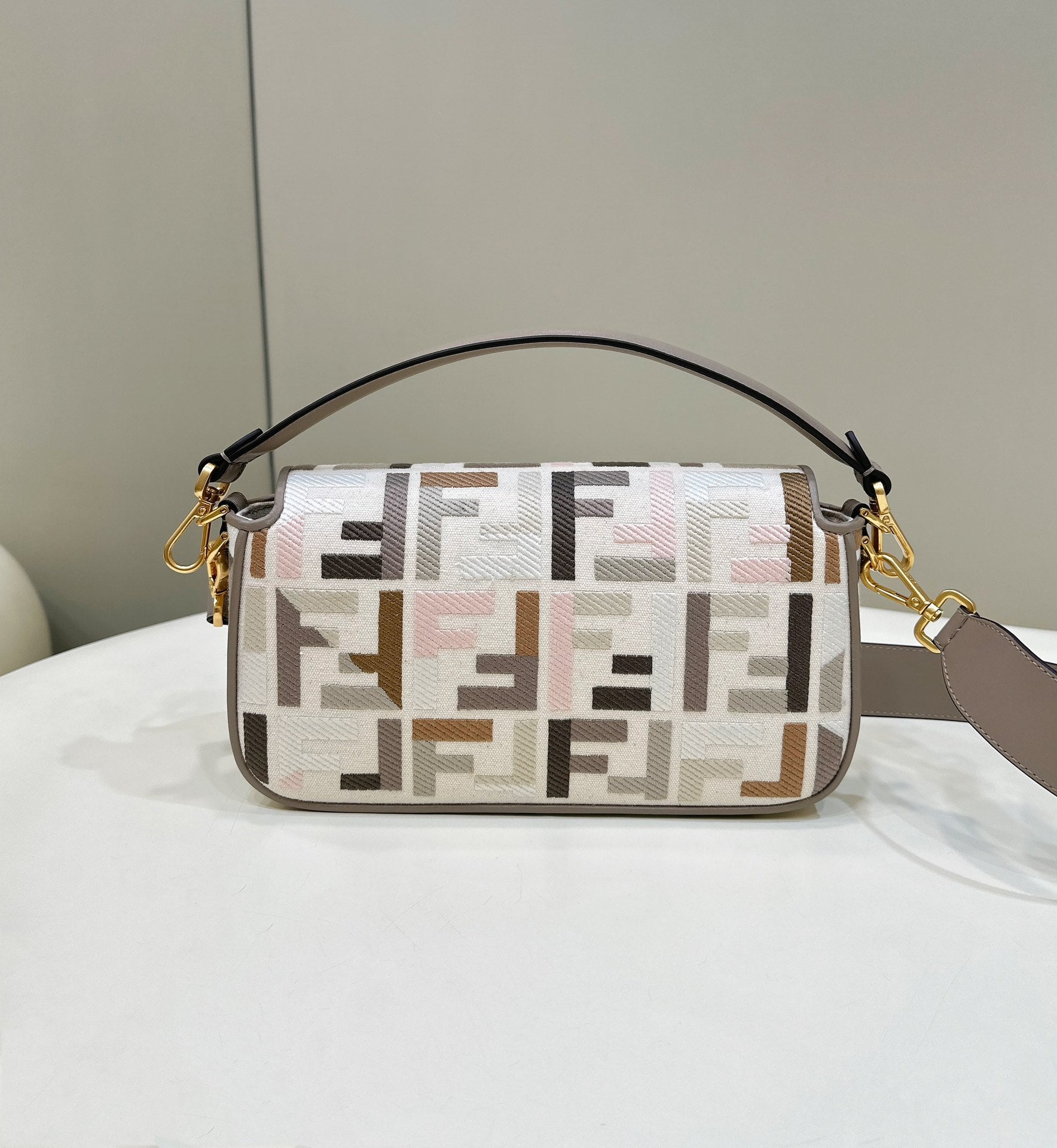 FENDI BAGUETTE CANVAS 27 BAG GREY STRAP WITH MULTICOLOUR EMBROIDERY GOLD HARDWARE