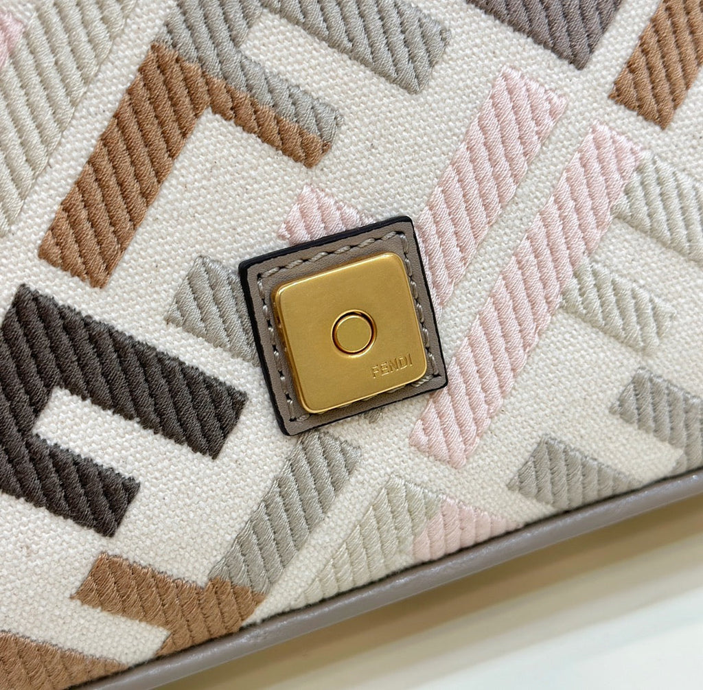 FENDI BAGUETTE CANVAS 27 BAG GREY STRAP WITH MULTICOLOUR EMBROIDERY GOLD HARDWARE