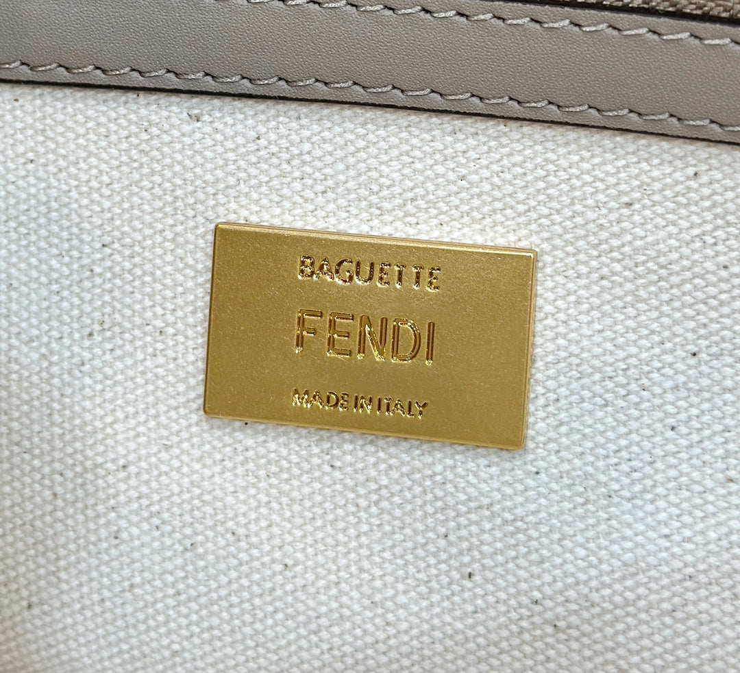 FENDI BAGUETTE CANVAS 27 BAG GREY STRAP WITH MULTICOLOUR EMBROIDERY GOLD HARDWARE