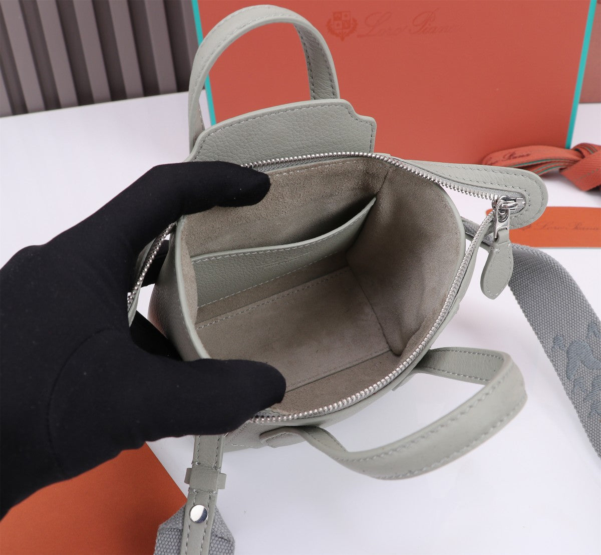 LORO PIANA NANO SMILE BAG 18 IN HARBOR GRAY CALFSKIN