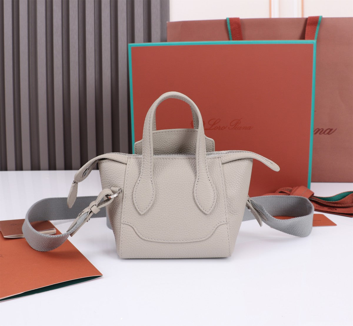 LORO PIANA NANO SMILE BAG 18 IN PASTEL GRAY CALFSKIN