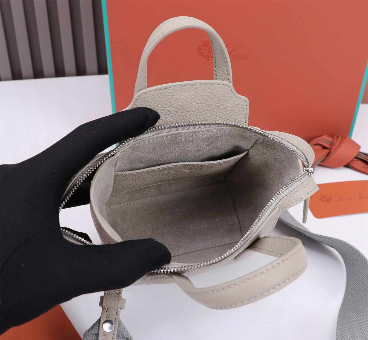 LORO PIANA NANO SMILE BAG 18 IN PASTEL GRAY CALFSKIN
