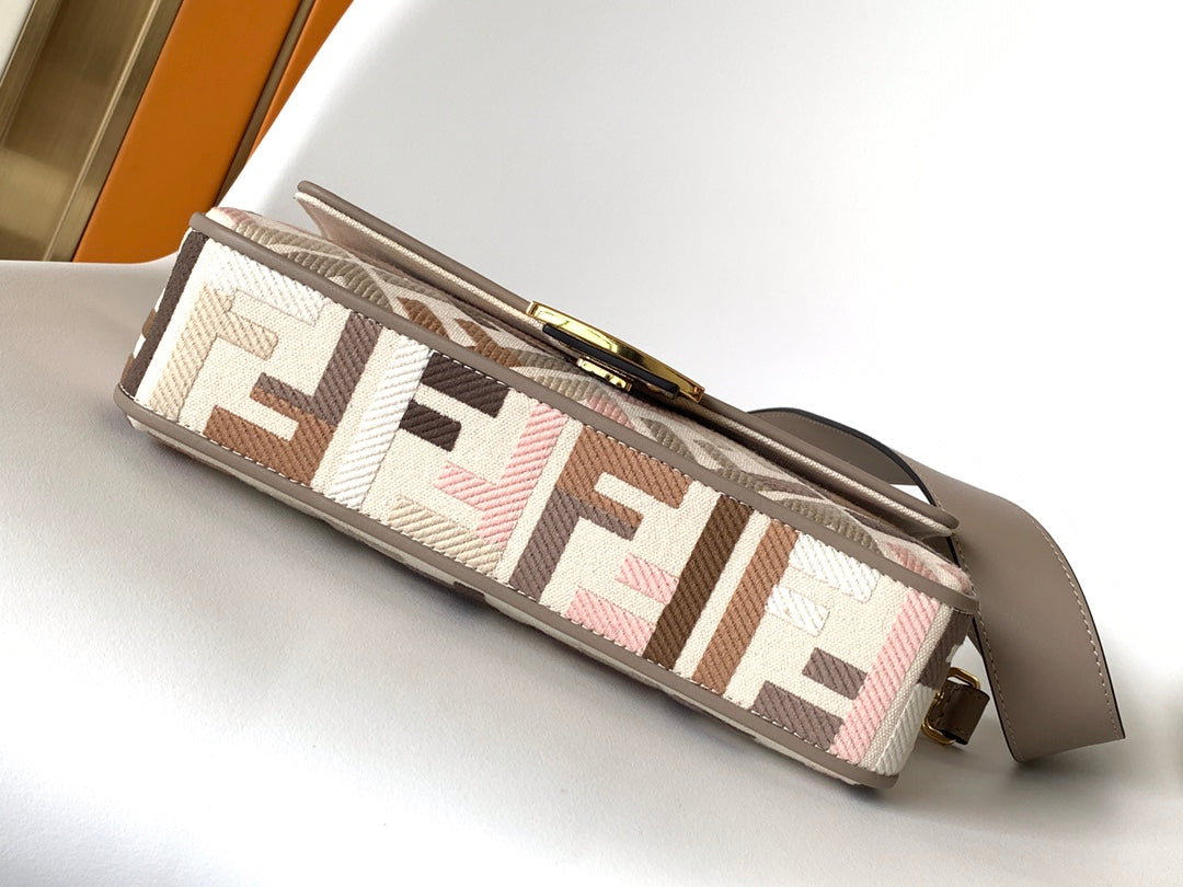FENDI Fend Baguette White Brown and Multicolour Canvas Bag 27 with FF Embroidery Ghw