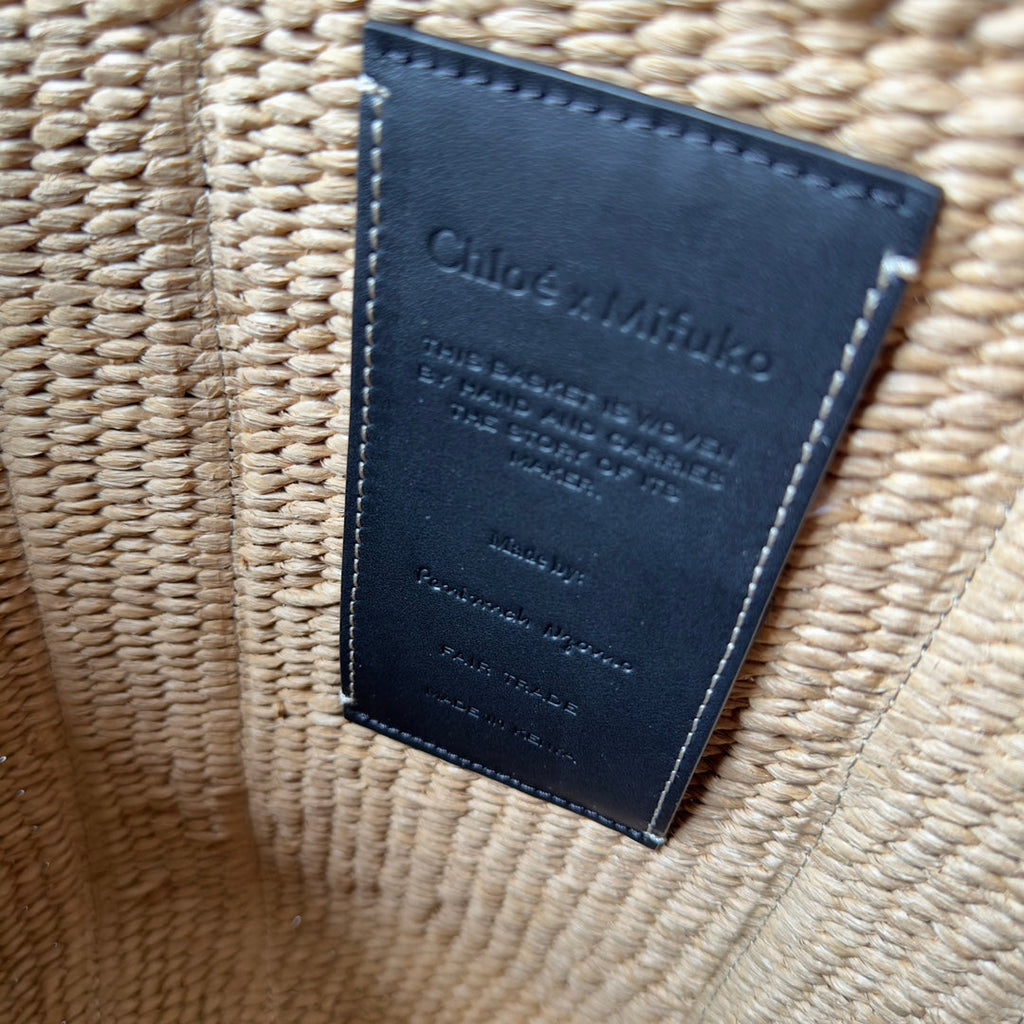 CHLOE LAGRE WOODY TOTE BAG 48 IN NATURAL FIBERS BLUE DENIM BLACK CALFSKIN