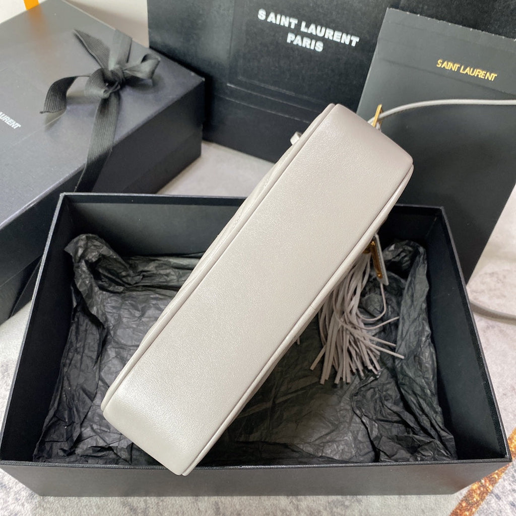 SAINT LAURENT LOU CAMERA BAG 23 IN LIGHT GRAY CALFSKIN GOLD LOGO