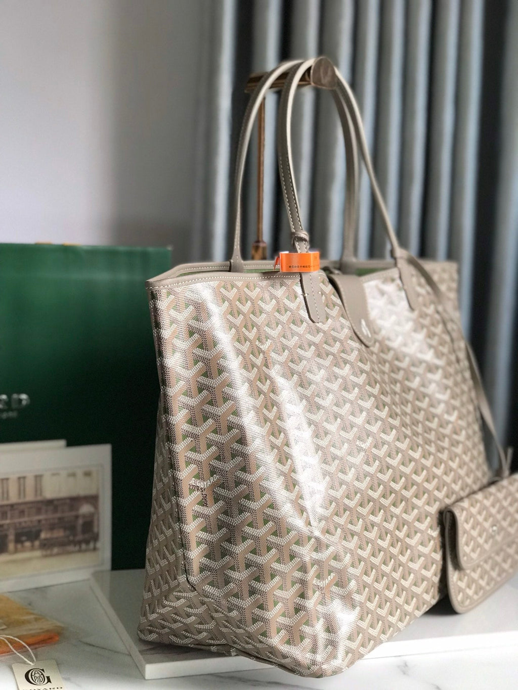 GOYARD SAINT LOUIS PM 40 IN GREY MIX GREEN GOYARDINE CANVAS AND CALFSKIN