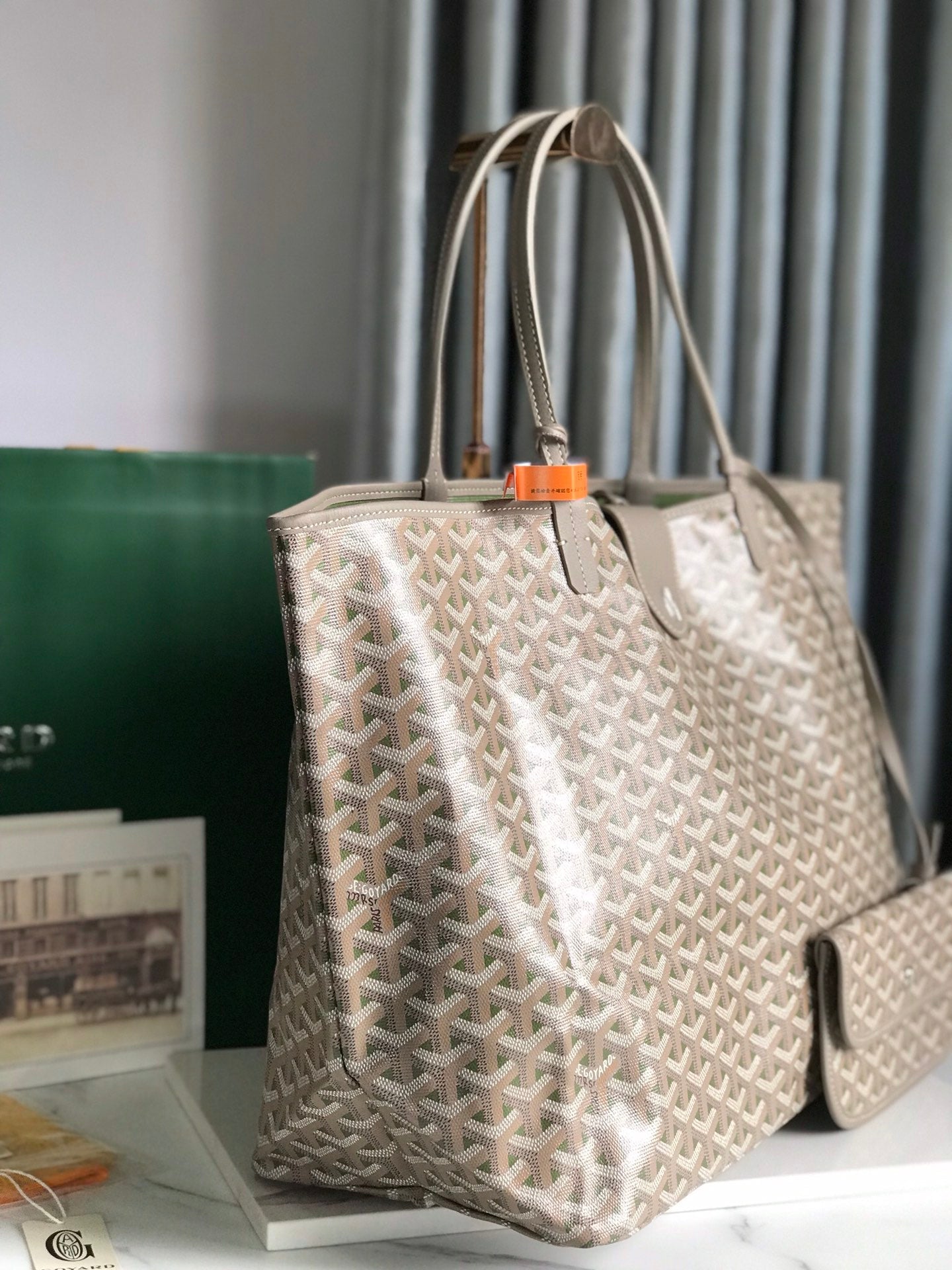 GOYARD SAINT LOUIS PM 40 IN GREY MIX GREEN GOYARDINE CANVAS AND CALFSKIN