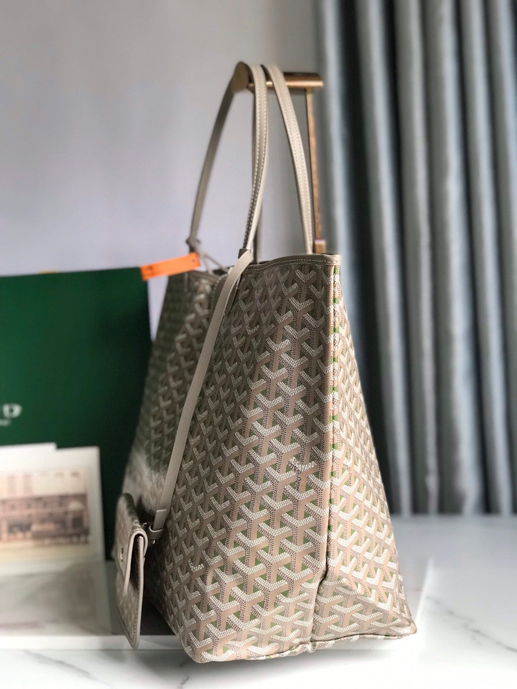 GOYARD SAINT LOUIS PM 40 IN GREY MIX GREEN GOYARDINE CANVAS AND CALFSKIN