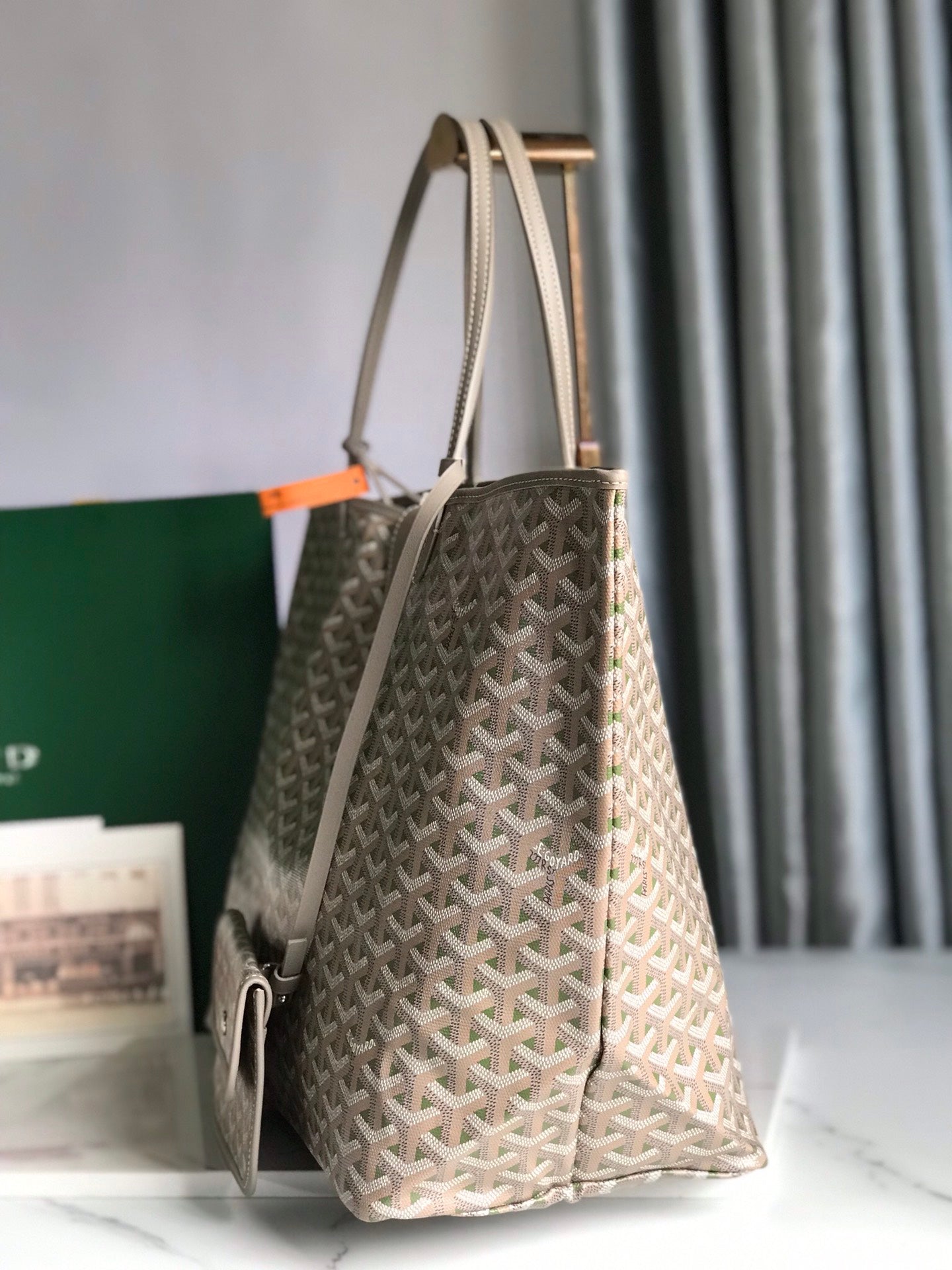 GOYARD SAINT LOUIS PM 40 IN GREY MIX GREEN GOYARDINE CANVAS AND CALFSKIN