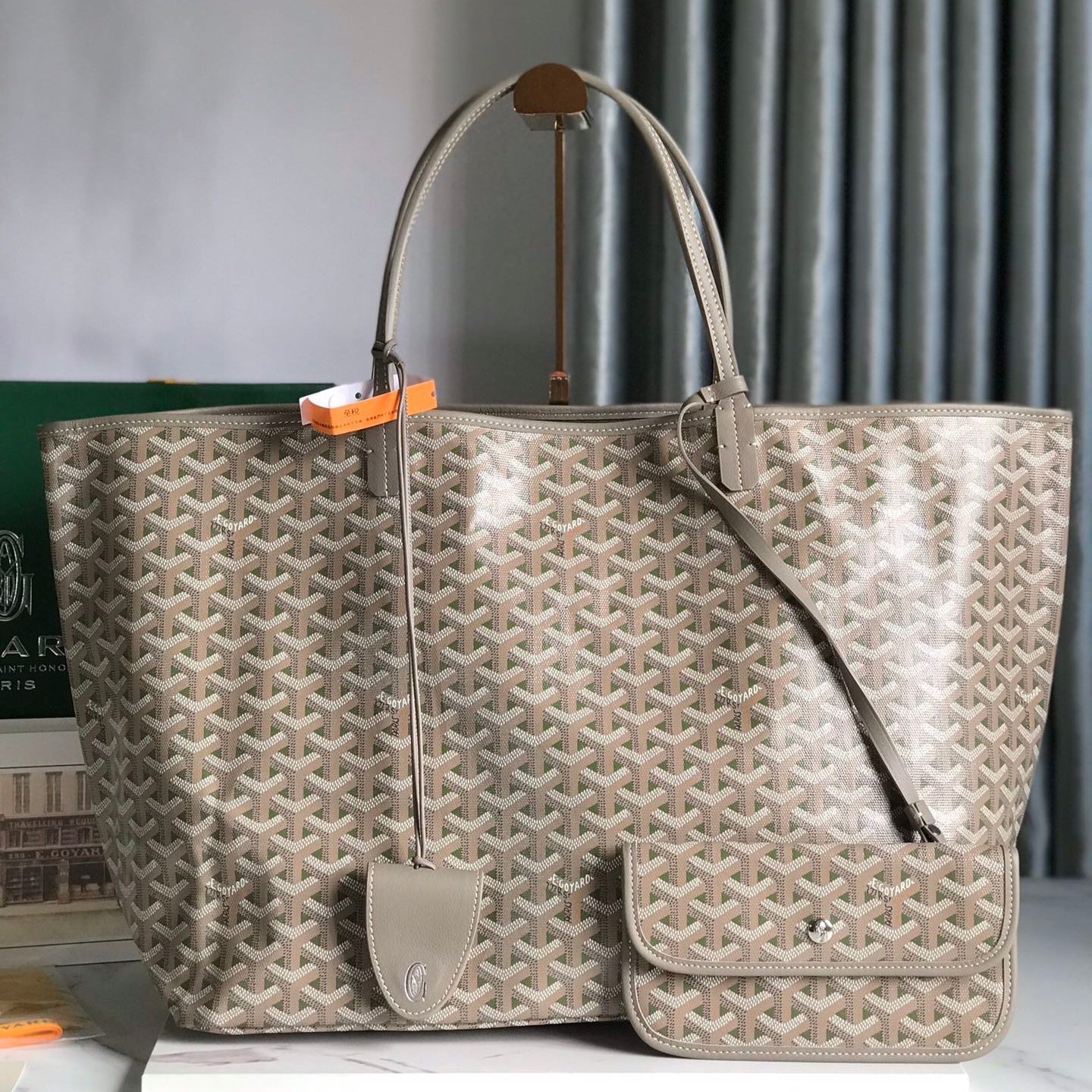 GOYARD SAINT LOUIS PM 40 IN GREY MIX GREEN GOYARDINE CANVAS AND CALFSKIN