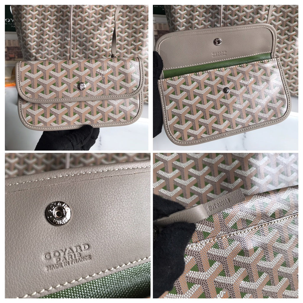 GOYARD SAINT LOUIS PM 40 IN GREY MIX GREEN GOYARDINE CANVAS AND CALFSKIN