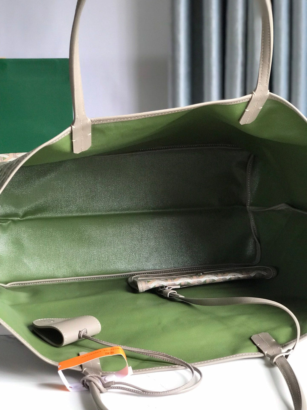 GOYARD SAINT LOUIS PM 40 IN GREY MIX GREEN GOYARDINE CANVAS AND CALFSKIN