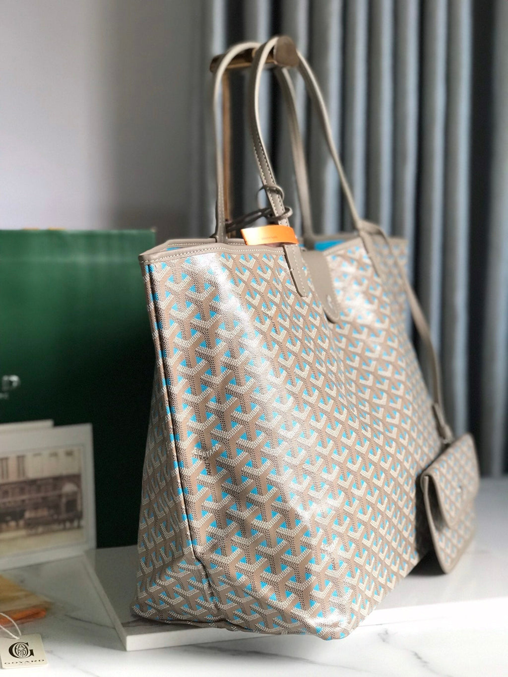 GOYARD SAINT LOUIS PM 40 IN GREY MIX BLUE GOYARDINE CANVAS AND CALFSKIN