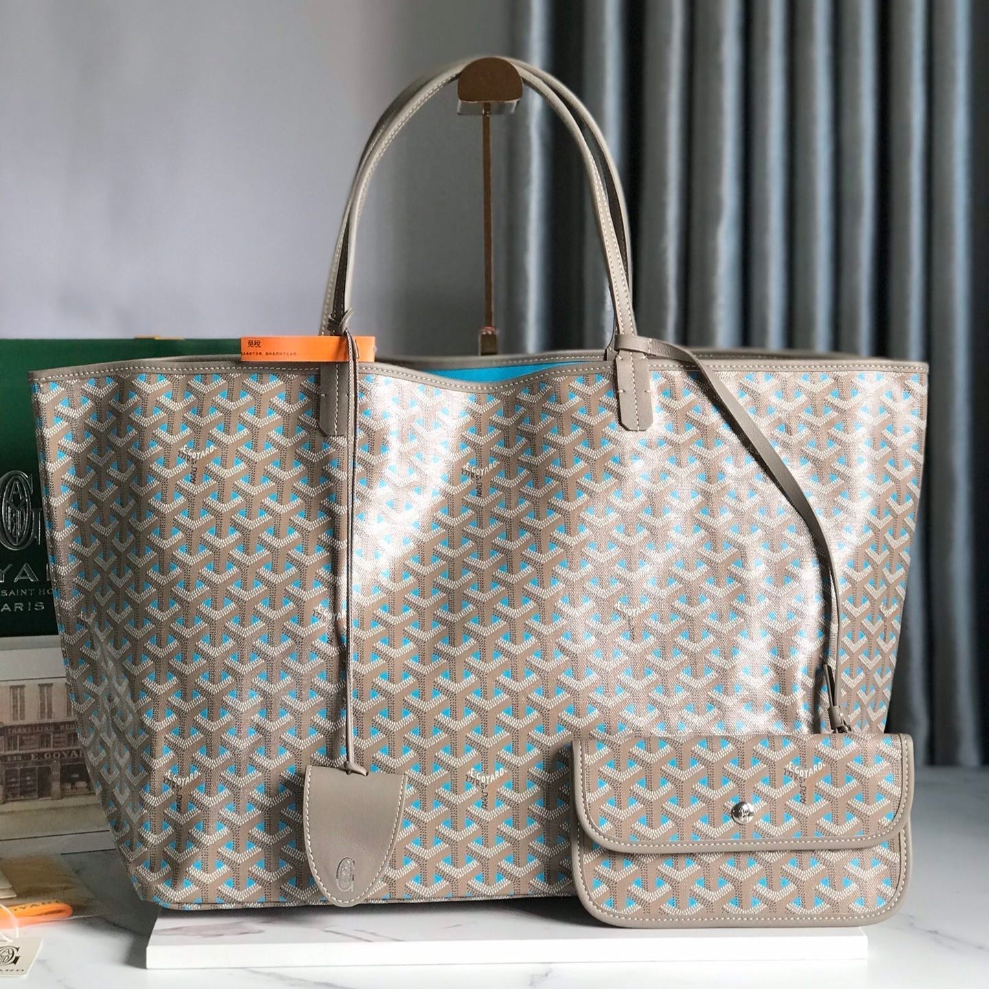 GOYARD SAINT LOUIS PM 40 IN GREY MIX BLUE GOYARDINE CANVAS AND CALFSKIN