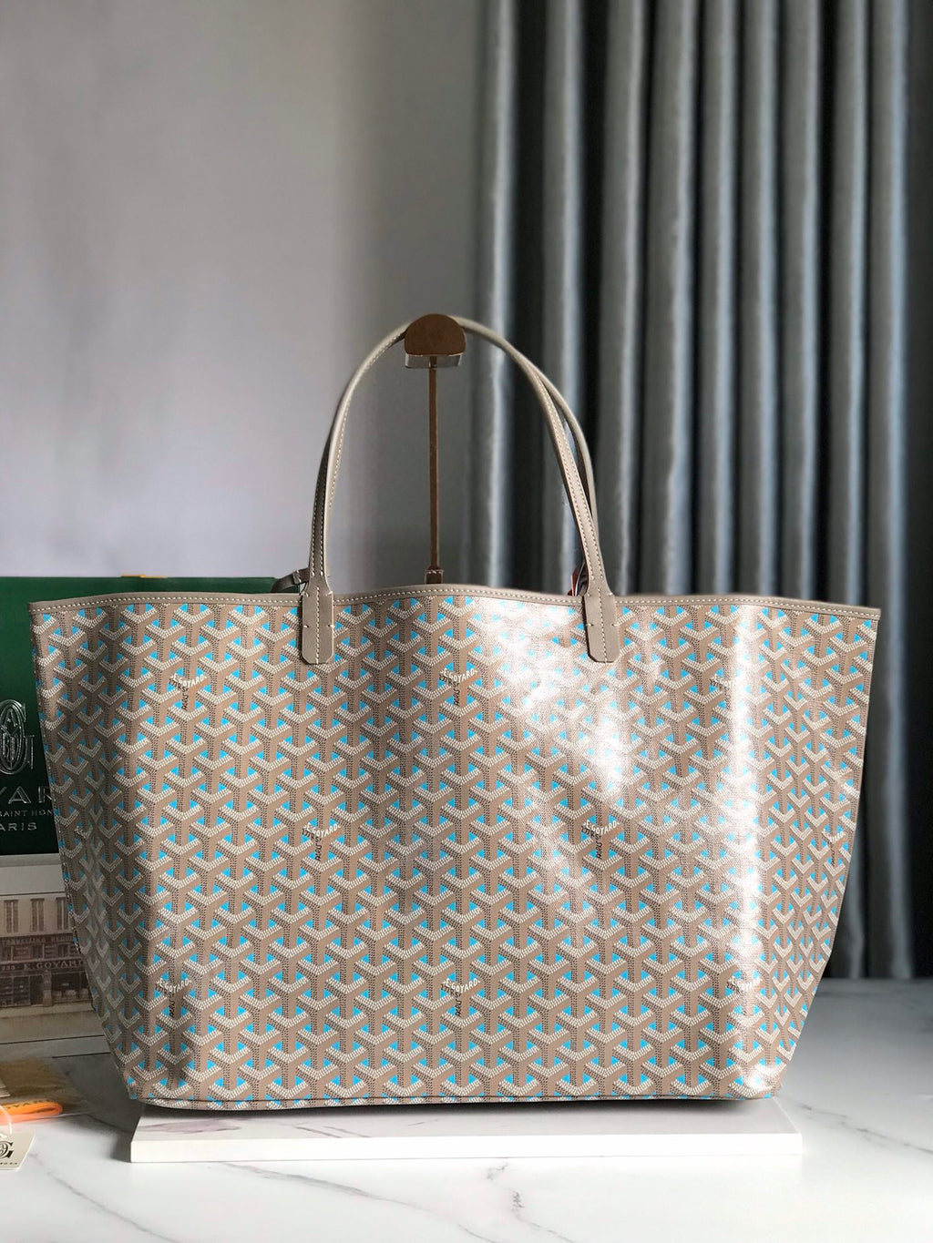 GOYARD SAINT LOUIS PM 40 IN GREY MIX BLUE GOYARDINE CANVAS AND CALFSKIN