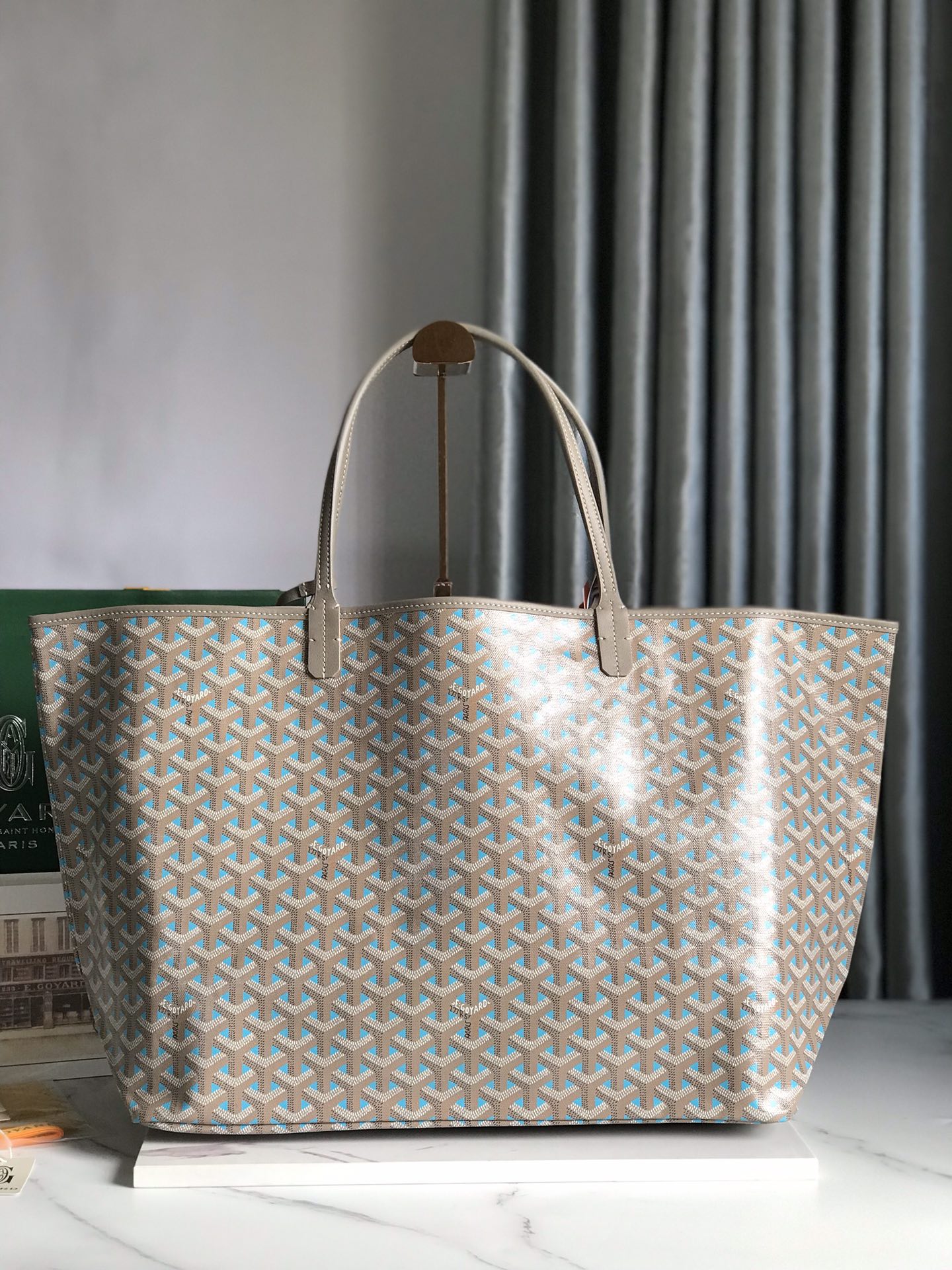 GOYARD SAINT LOUIS PM 40 IN GREY MIX BLUE GOYARDINE CANVAS AND CALFSKIN