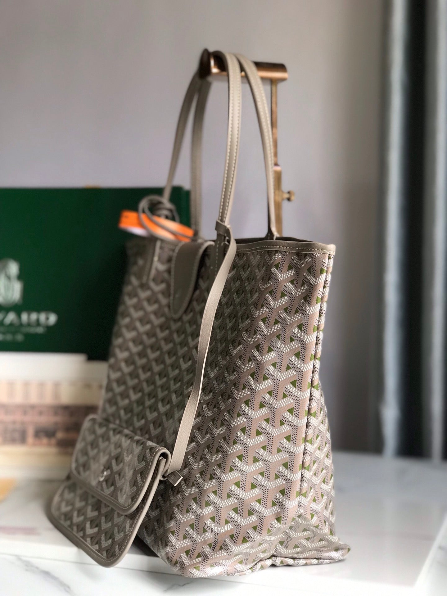 GOYARD SAINT LOUIS PM 34 IN GREY MIX GREEN GOYARDINE CANVAS AND CALFSKIN