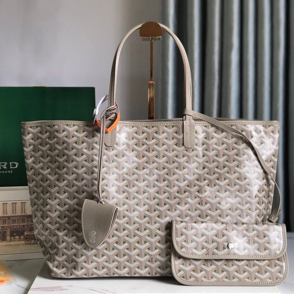 GOYARD SAINT LOUIS PM 34 IN GREY MIX GREEN GOYARDINE CANVAS AND CALFSKIN