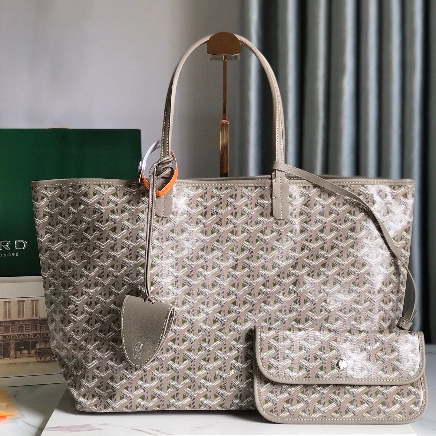 GOYARD SAINT LOUIS PM 34 IN GREY MIX GREEN GOYARDINE CANVAS AND CALFSKIN