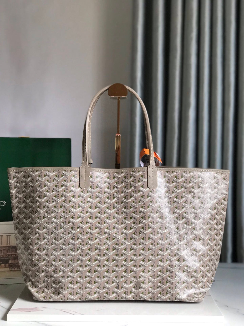 GOYARD SAINT LOUIS PM 34 IN GREY MIX GREEN GOYARDINE CANVAS AND CALFSKIN