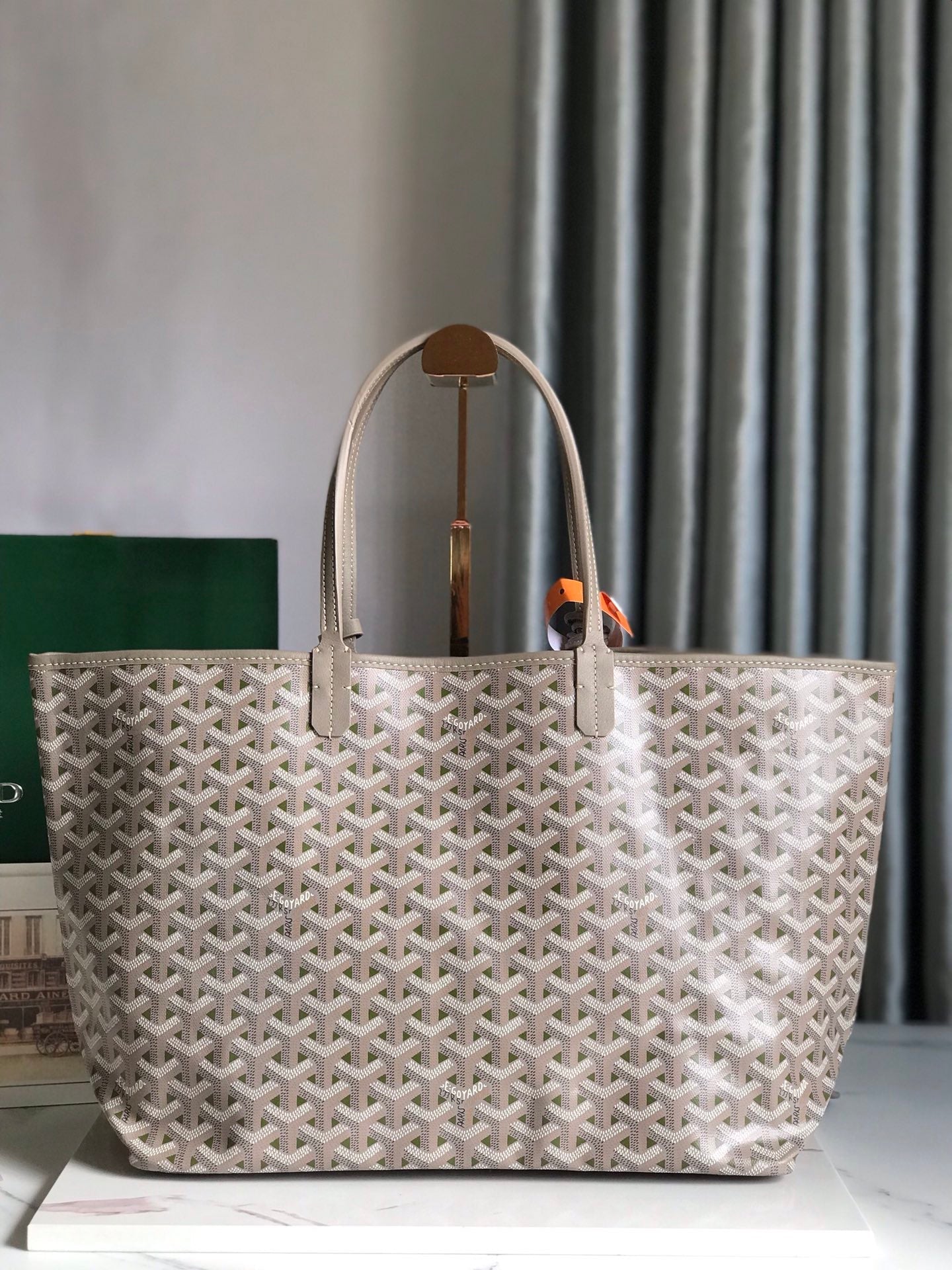 GOYARD SAINT LOUIS PM 34 IN GREY MIX GREEN GOYARDINE CANVAS AND CALFSKIN