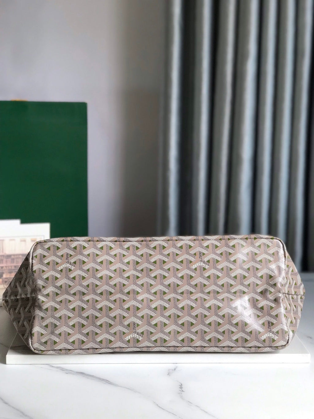 GOYARD SAINT LOUIS PM 34 IN GREY MIX GREEN GOYARDINE CANVAS AND CALFSKIN