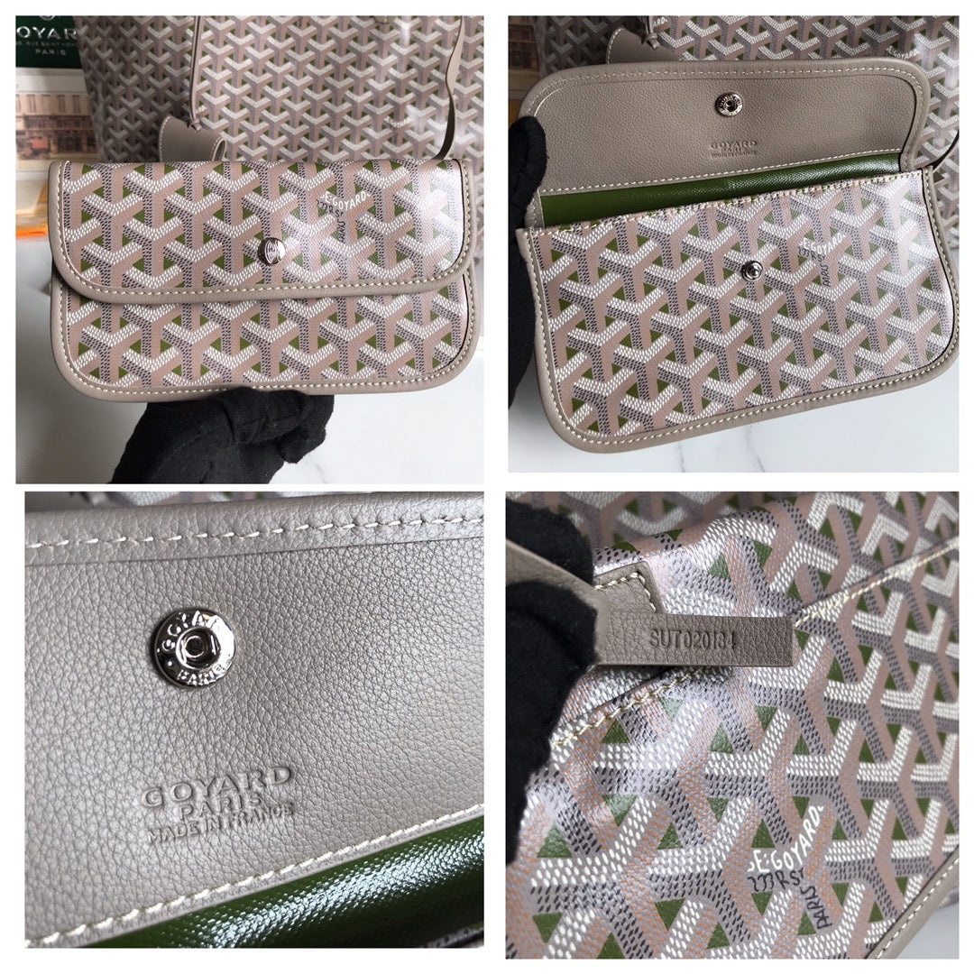 GOYARD SAINT LOUIS PM 34 IN GREY MIX GREEN GOYARDINE CANVAS AND CALFSKIN