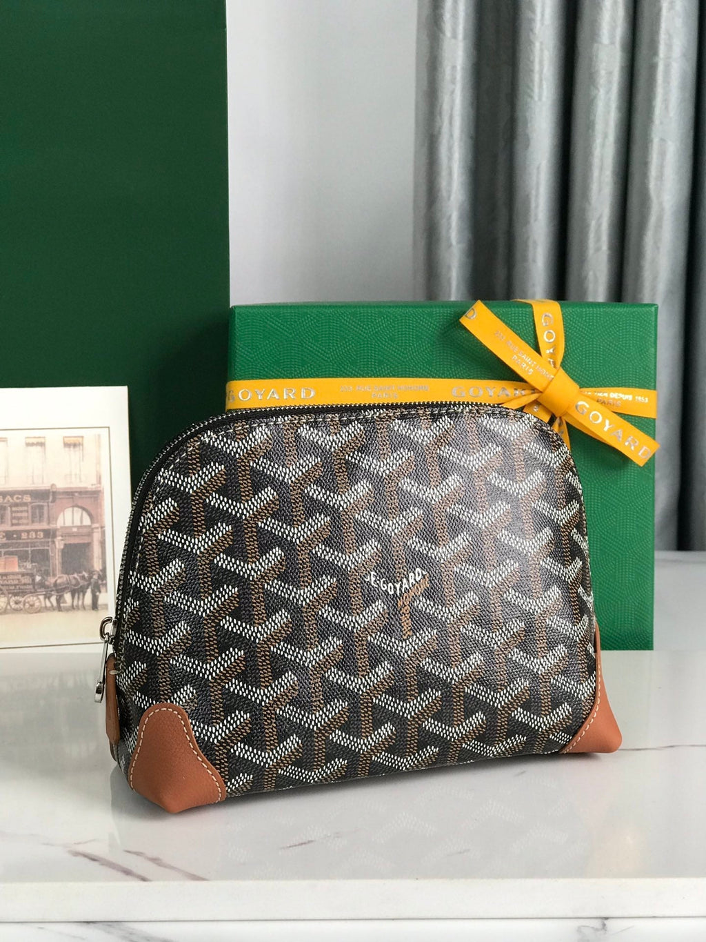 GOYARD VENDÔME COSMETIC POUCH 17 IN BLACK GOYARDINE CANVAS AND TAN CALFSKIN TRIM