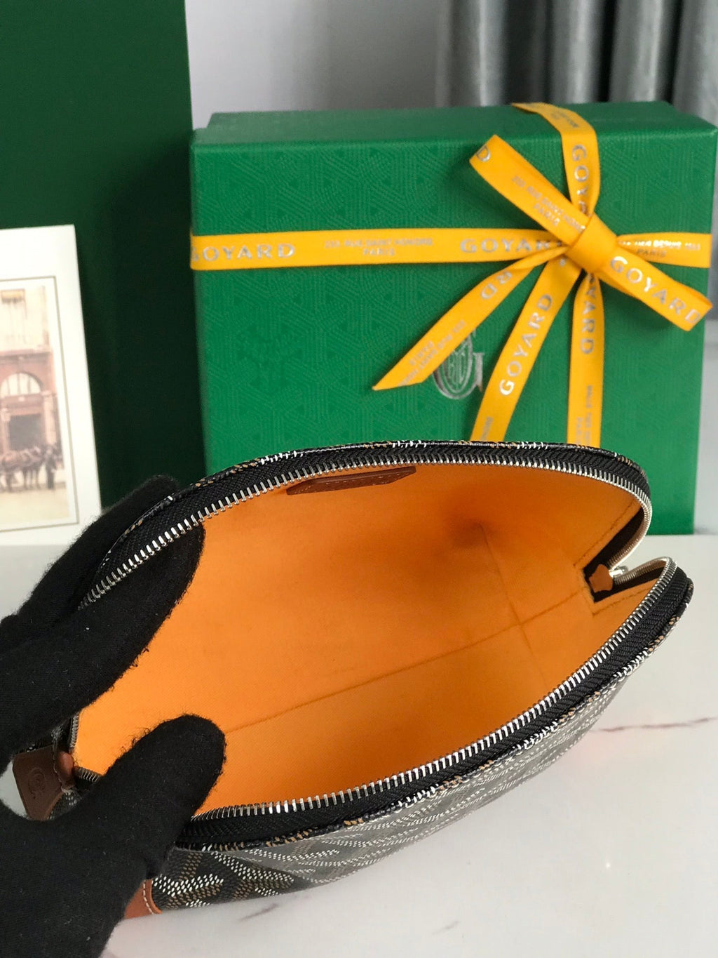 GOYARD VENDÔME COSMETIC POUCH 17 IN BLACK GOYARDINE CANVAS AND TAN CALFSKIN TRIM