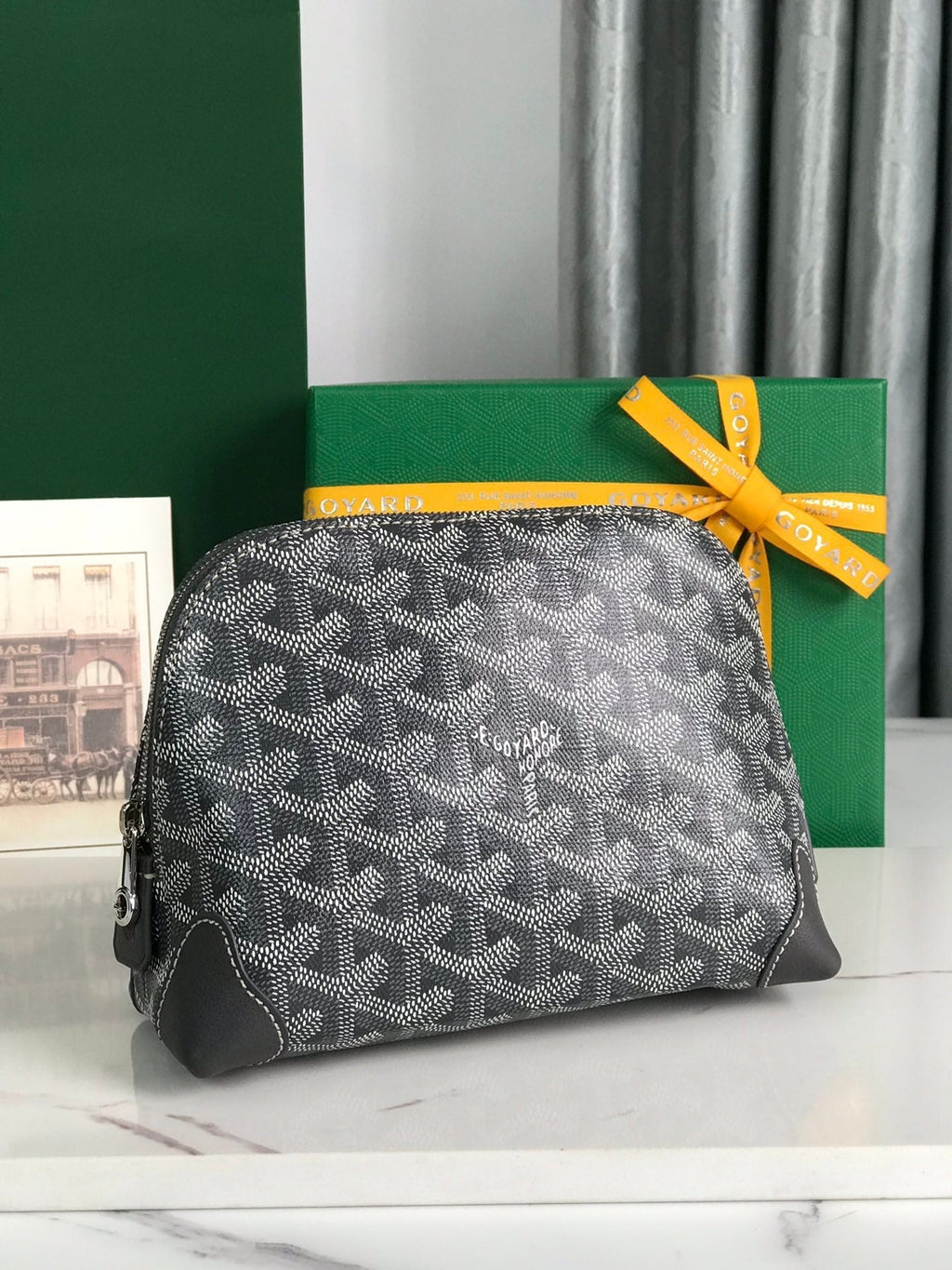GOYARD VENDÔME COSMETIC POUCH 17 IN GREY BLACK GOYARDINE CANVAS AND CALFSKIN TRIM