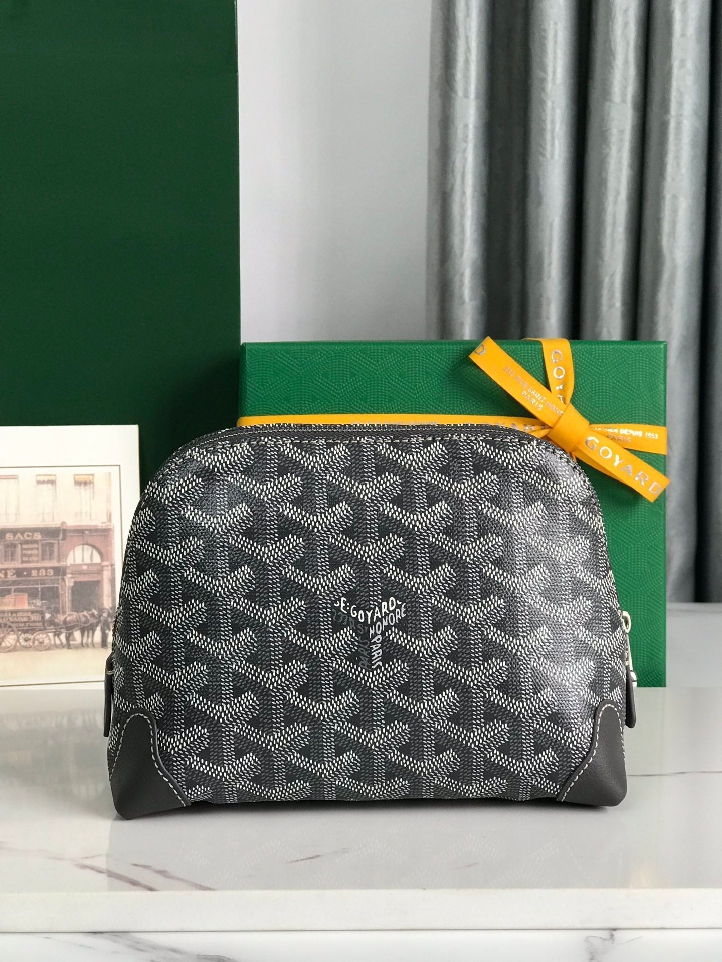 GOYARD VENDÔME COSMETIC POUCH 17 IN GREY BLACK GOYARDINE CANVAS AND CALFSKIN TRIM