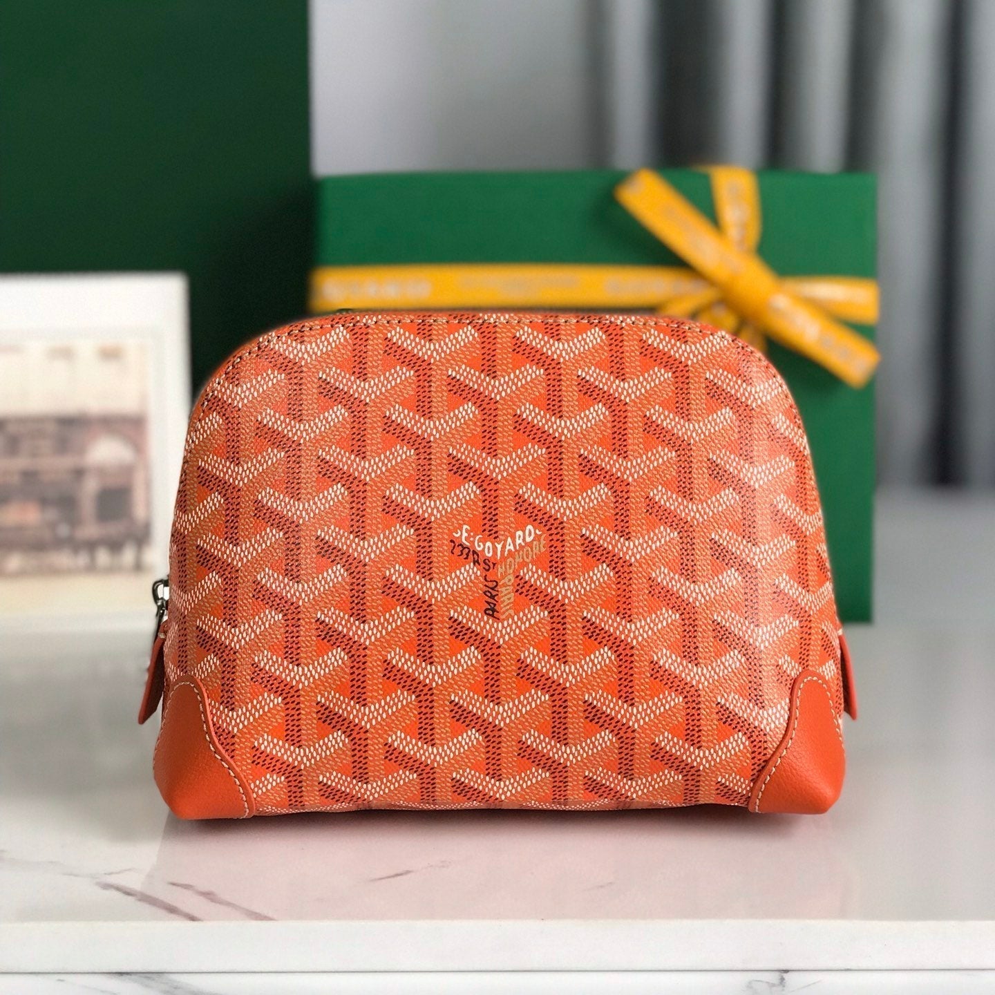 GOYARD VENDÔME COSMETIC POUCH 17 IN ORANGE GOYARDINE CANVAS AND CALFSKIN TRIM