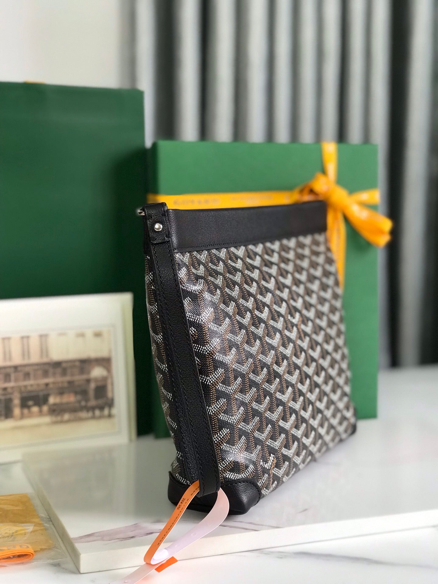 GOYARD CONTI POUCH 24 IN BLACK LAMBSKIN AND GOYARDINE CANVAS