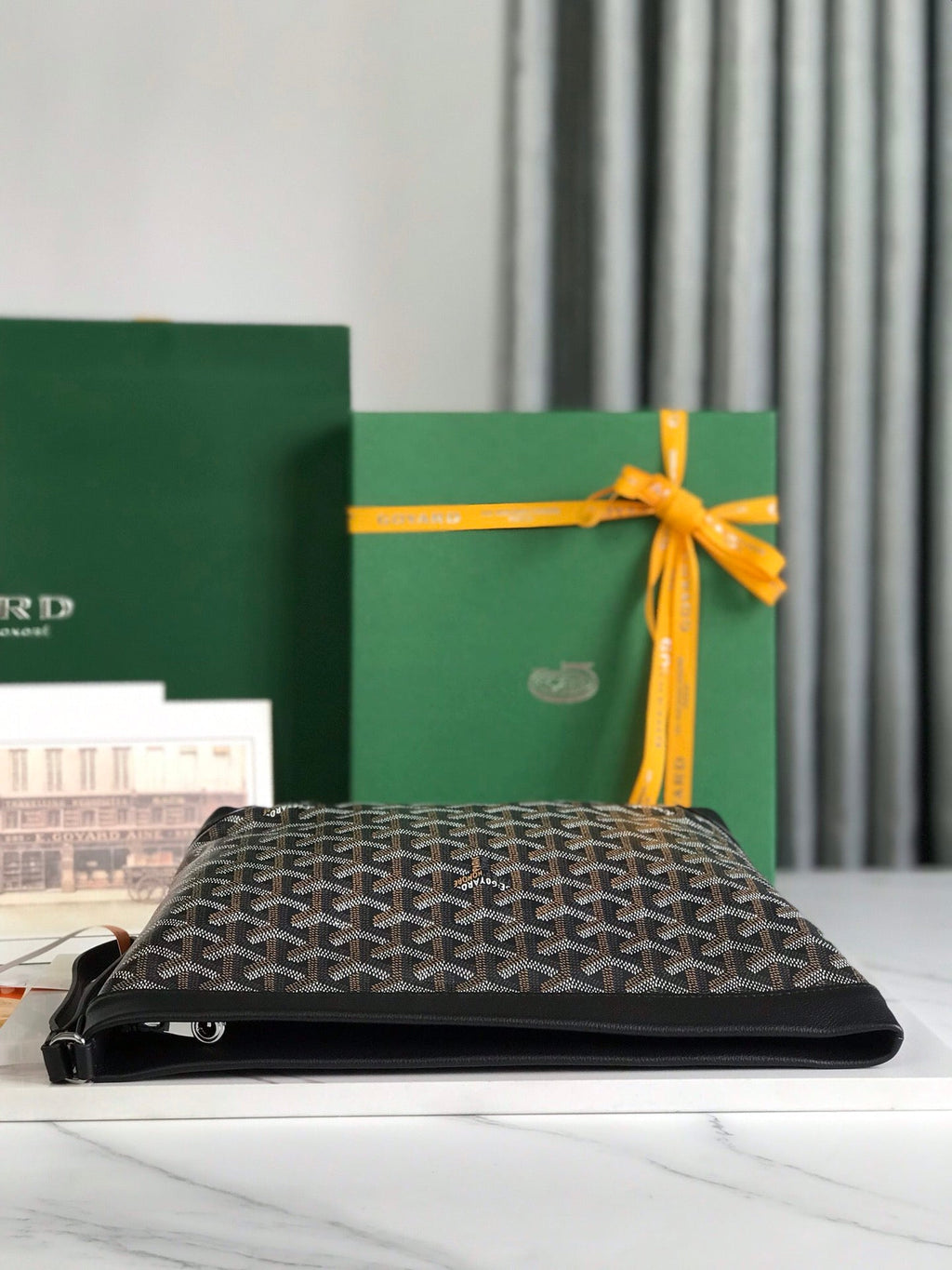 GOYARD CONTI POUCH 24 IN BLACK LAMBSKIN AND GOYARDINE CANVAS