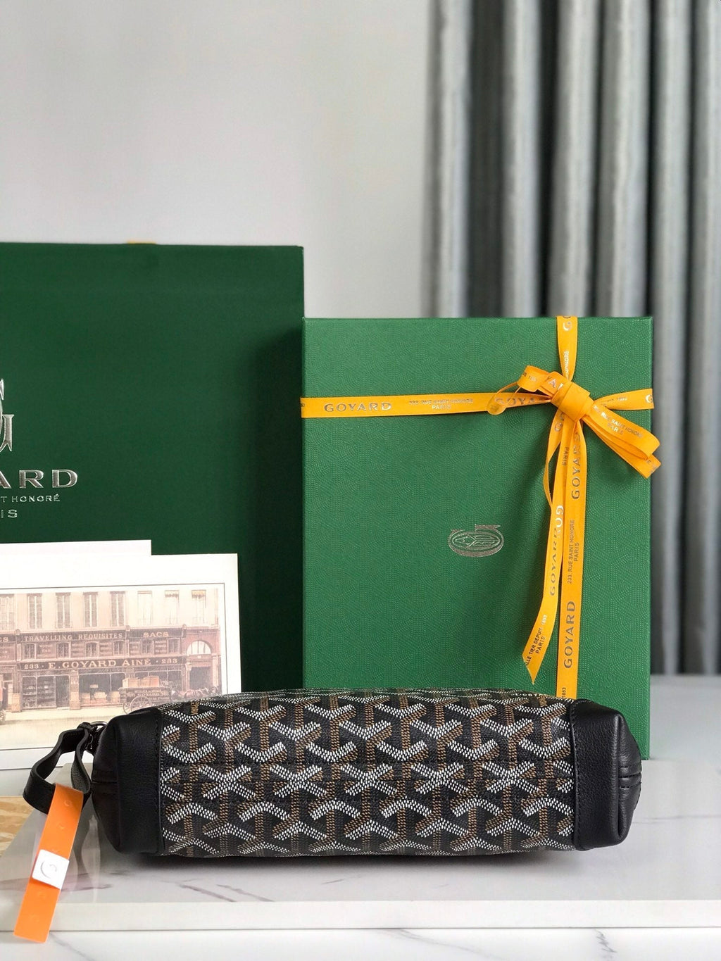 GOYARD CONTI POUCH 24 IN BLACK LAMBSKIN AND GOYARDINE CANVAS