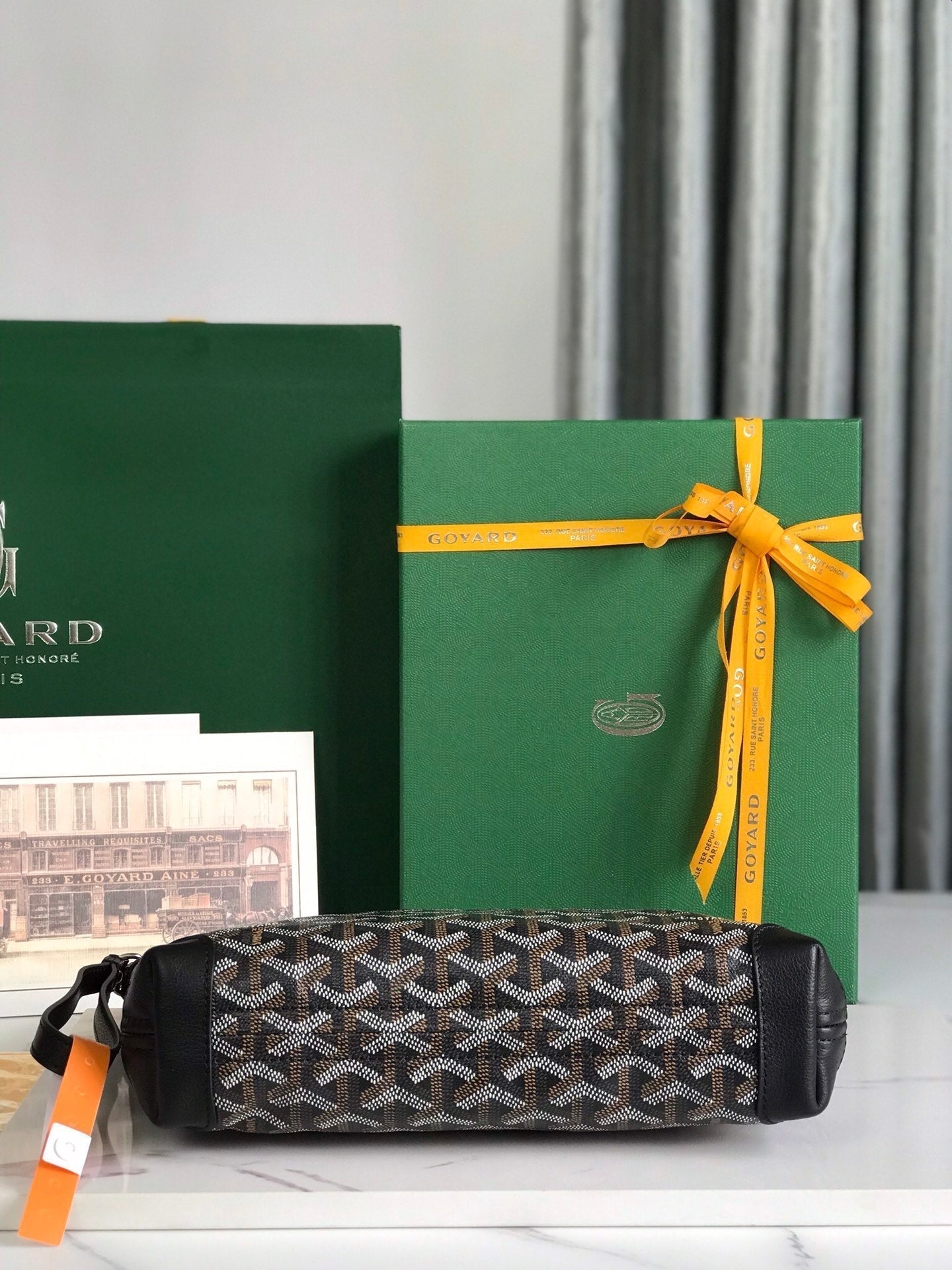 GOYARD CONTI POUCH 24 IN BLACK LAMBSKIN AND GOYARDINE CANVAS