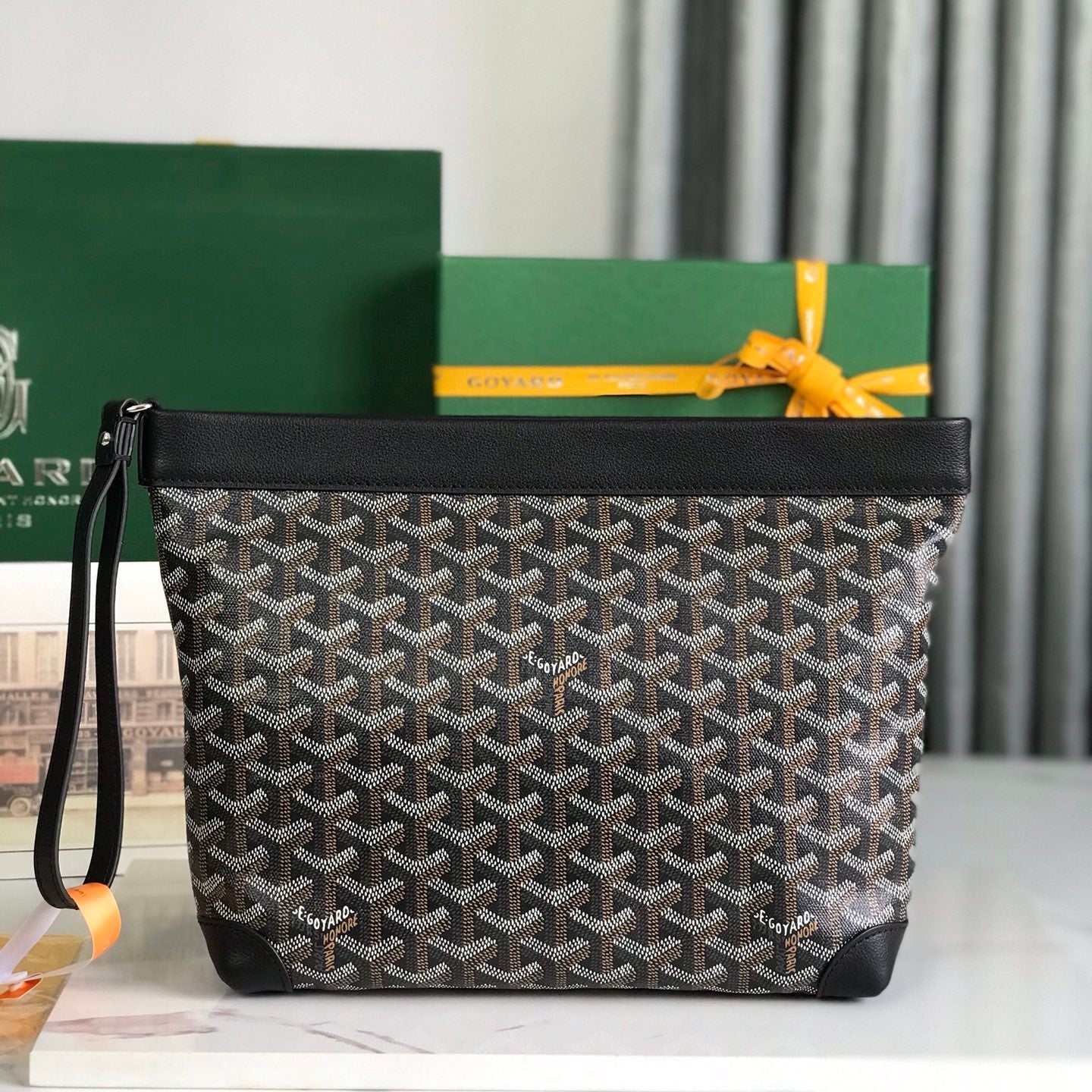 GOYARD CONTI POUCH 24 IN BLACK LAMBSKIN AND GOYARDINE CANVAS