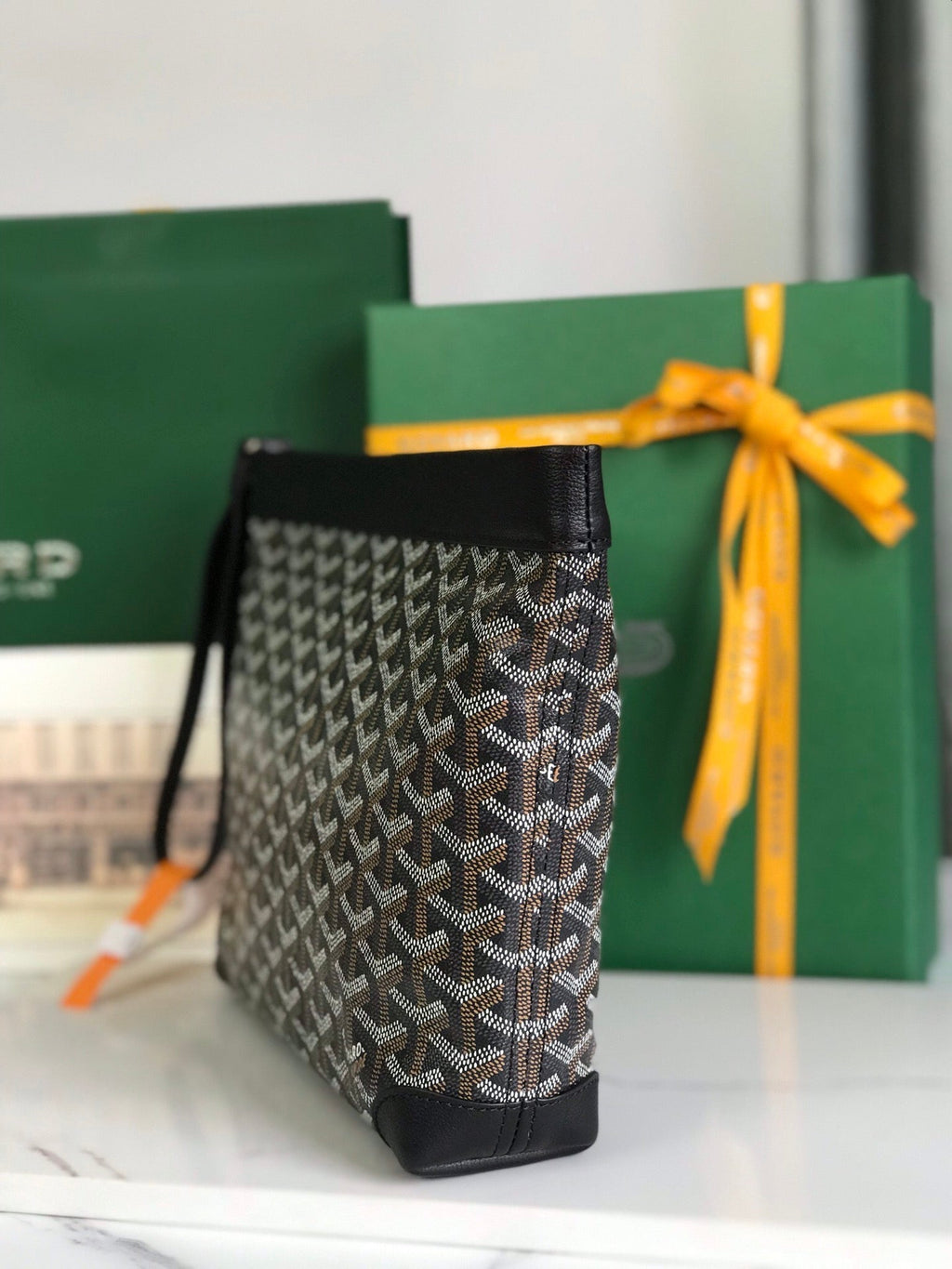 GOYARD CONTI POUCH 24 IN BLACK LAMBSKIN AND GOYARDINE CANVAS